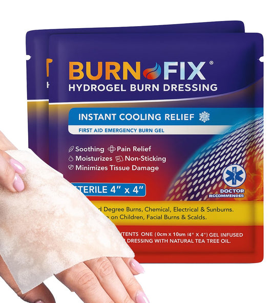 BurnFix® Burn Gel Pads 4x4 Hydrogel-Verband mit Heat Sink™ Technologie – Steril mit Teebaumöl – Kühlend bei Sonnenbrand, Küchenverletzungen, chemischen Verbrennungen – Nicht haftende Erste Hilfe, sicher für Gesicht & Kinder (2er-Pack)