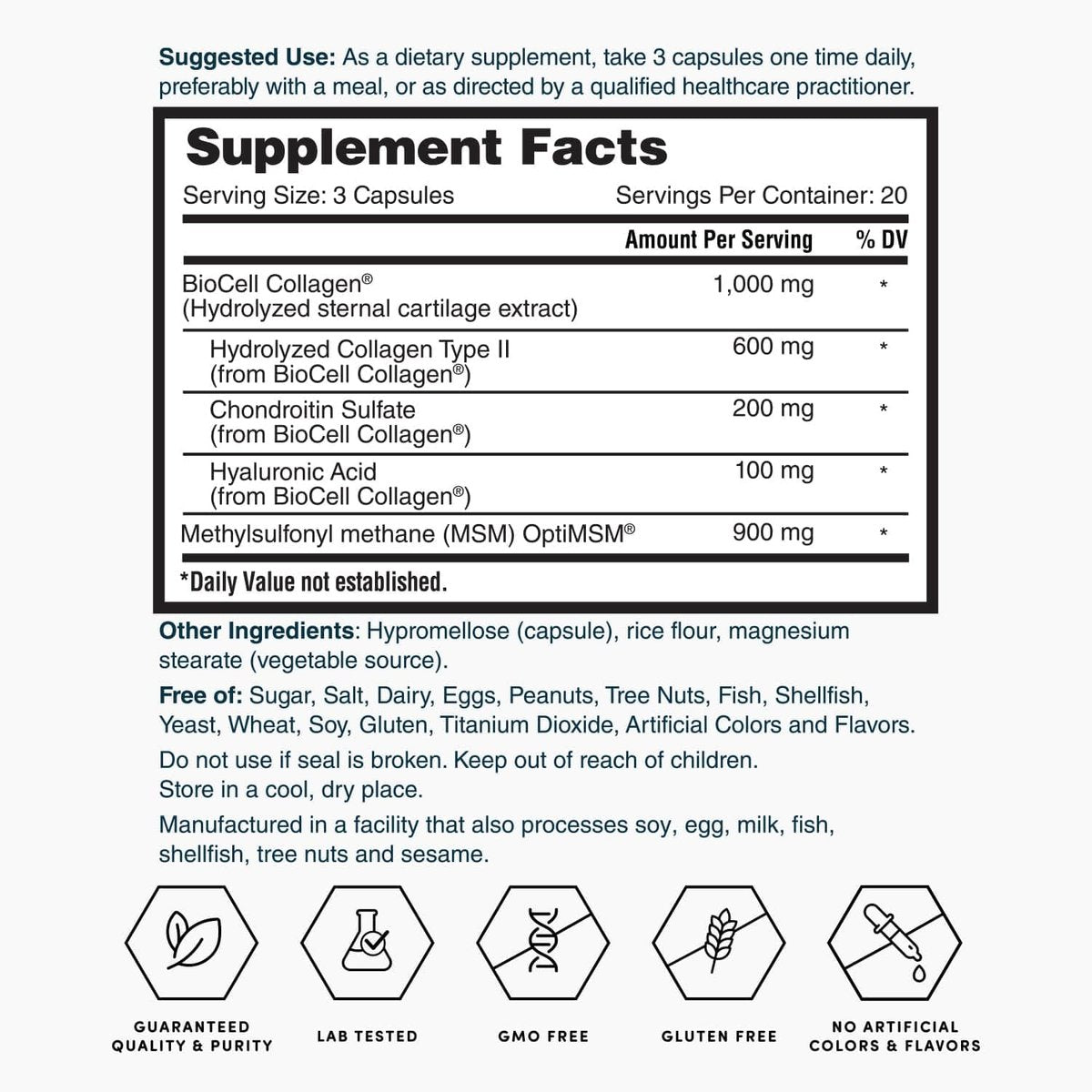 Nature's Lab Hyaluronsäure mit Biocell Collagen und MSM – Hautfeuchtigkeit, Gelenkgesundheit – 60 Kapseln (20-Tage-Vorrat)
