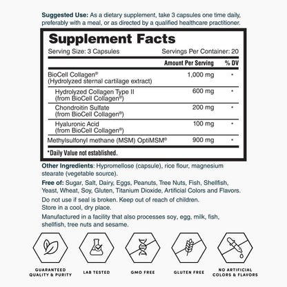 Nature's Lab Hyaluronsäure mit Biocell Collagen und MSM – Hautfeuchtigkeit, Gelenkgesundheit – 60 Kapseln (20-Tage-Vorrat)
