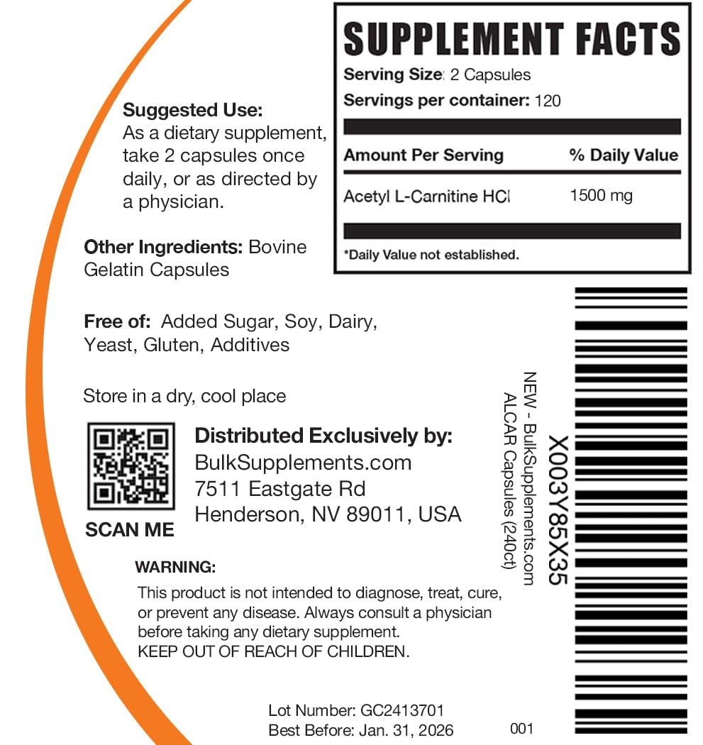 BulkSupplements.com Acetyl-L-Carnitin Kapseln - ALCAR HCl, Carnitin Supplement - ALCAR Kapseln, Acetyl-L-Carnitin 1500mg - Glutenfrei, 2 Kapseln pro Portion, 240 Kapseln