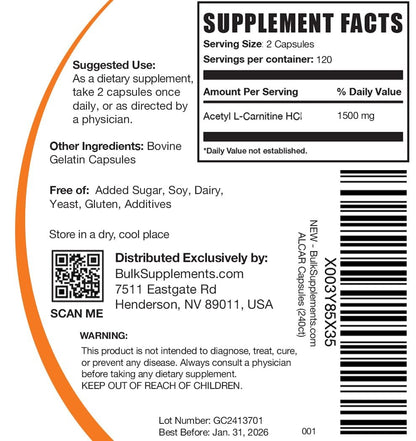 BulkSupplements.com Acetyl-L-Carnitin Kapseln - ALCAR HCl, Carnitin Supplement - ALCAR Kapseln, Acetyl-L-Carnitin 1500mg - Glutenfrei, 2 Kapseln pro Portion, 240 Kapseln
