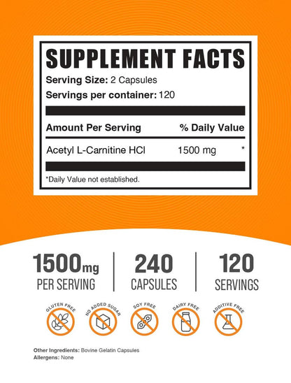 BulkSupplements.com Acetyl-L-Carnitin Kapseln - ALCAR HCl, Carnitin Supplement - ALCAR Kapseln, Acetyl-L-Carnitin 1500mg - Glutenfrei, 2 Kapseln pro Portion, 240 Kapseln