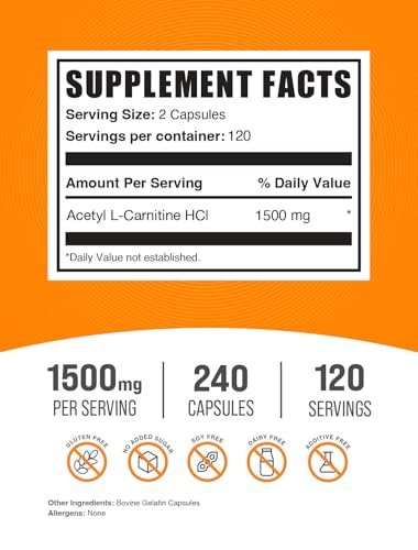 BulkSupplements.com Acetyl-L-Carnitin Kapseln - ALCAR HCl, Carnitin Supplement - ALCAR Kapseln, Acetyl-L-Carnitin 1500mg - Glutenfrei, 2 Kapseln pro Portion, 240 Kapseln