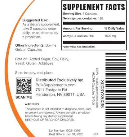 BulkSupplements.com Acetyl-L-Carnitin Kapseln - ALCAR HCl, Carnitin Supplement - ALCAR Kapseln, Acetyl-L-Carnitin 1500mg - Glutenfrei, 2 Kapseln pro Portion, 240 Kapseln