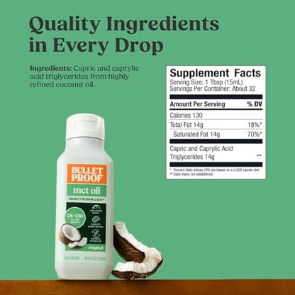 Bulletproof C8 & C10 MCT Öl, 100% reines Kokosnussöl, dreifach destilliert für anhaltende Keto-Energie, ungesüßt, ohne Zusatzstoffe oder Füllstoffe, nicht-GVO, 450 ml