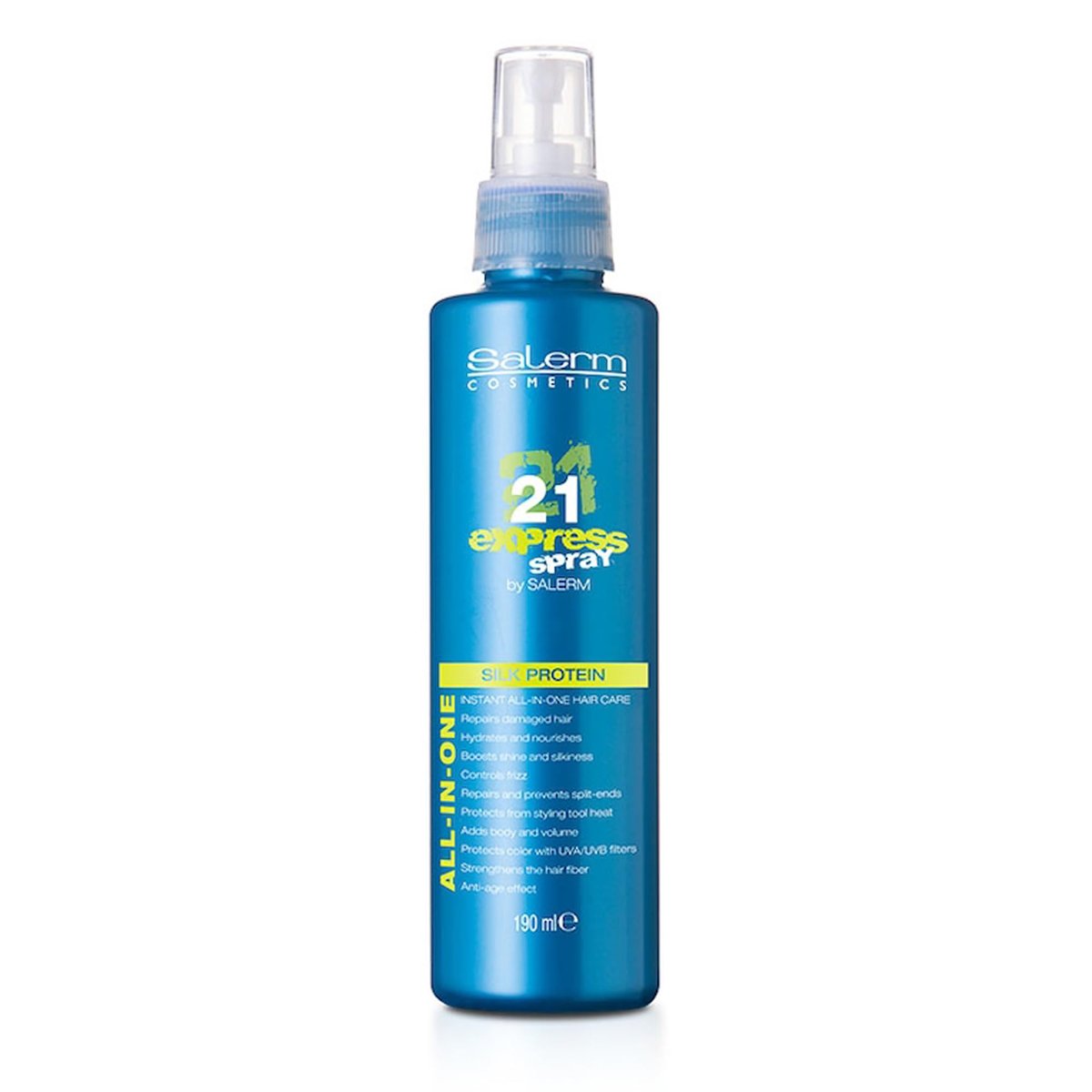 SALERM Leave-In Mask 21 Express Spray – 190 ml – Mit Seidenprotein für repariertes, hydratisiertes Haar und Hitzeschutz – Frizz-Kontrolle