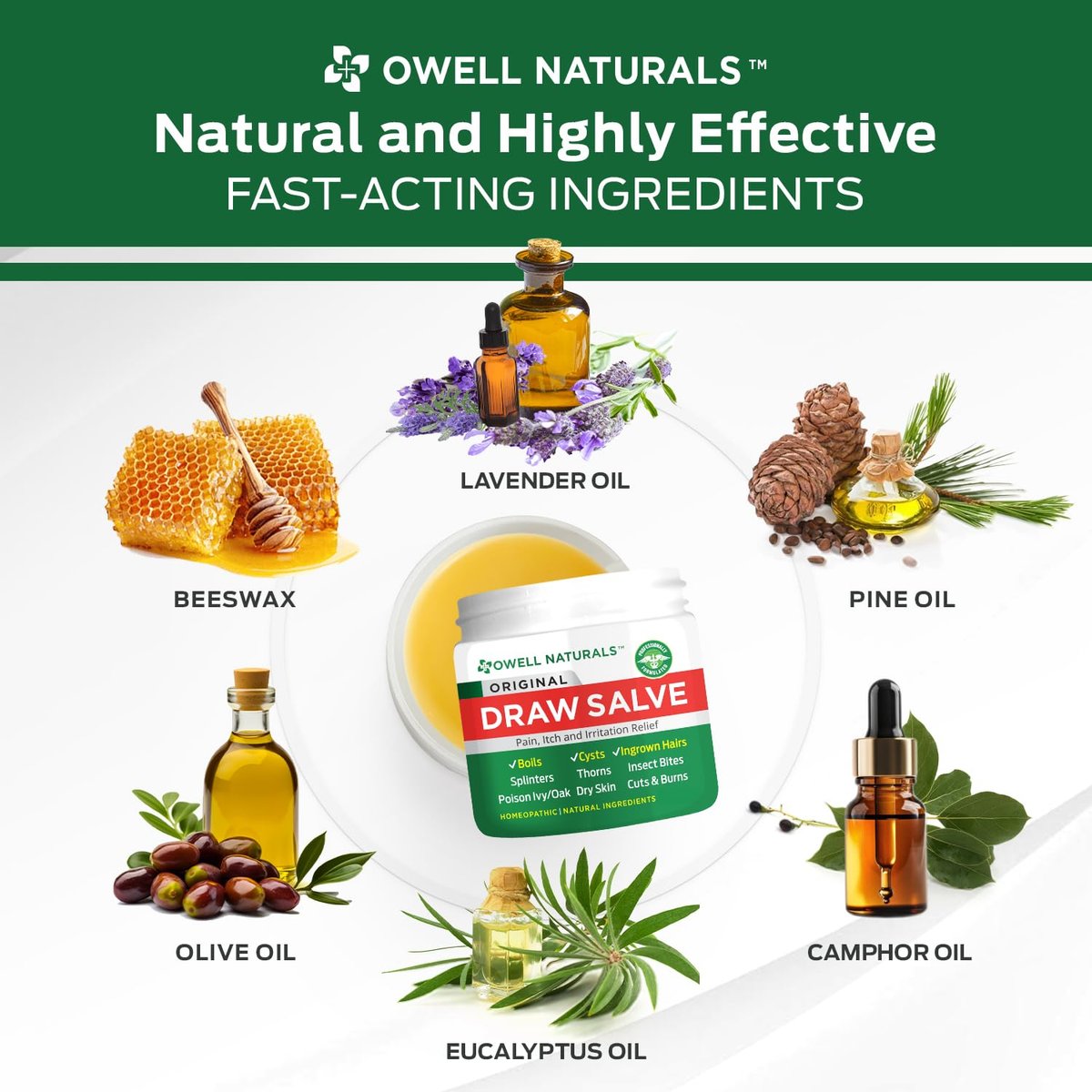 OWELL Naturals Zeichnungssalbe Salbe zur Behandlung von Furunkeln und Zysten, tief eingewachsenen Haaren, Splitterentferner, Insekten- und Spinnenbissen, Bienenstichen, Mückenjucken, Giftefeu