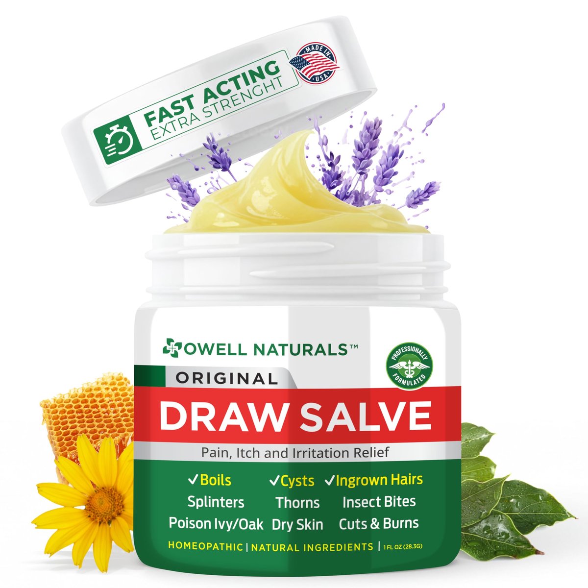 OWELL Naturals Zeichnungssalbe Salbe zur Behandlung von Furunkeln und Zysten, tief eingewachsenen Haaren, Splitterentferner, Insekten- und Spinnenbissen, Bienenstichen, Mückenjucken, Giftefeu