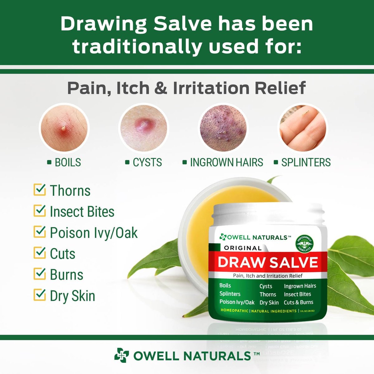 OWELL Naturals Zeichnungssalbe Salbe zur Behandlung von Furunkeln und Zysten, tief eingewachsenen Haaren, Splitterentferner, Insekten- und Spinnenbissen, Bienenstichen, Mückenjucken, Giftefeu