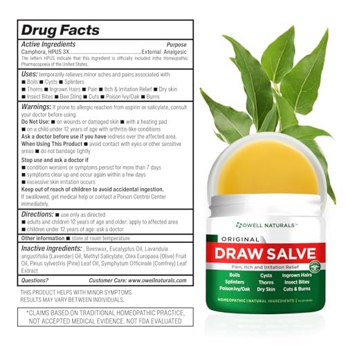 OWELL NATURALS Drawing Salve Salbe – 2er-Pack zur Behandlung von Furunkeln, Zysten, eingewachsenen Haaren, Splittern, Insektenstichen, Bienenstichen, Mückenstichen, Giftefeu – 1 fl oz pro Tube