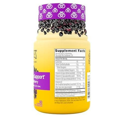Zarbee's Tägliche Immununterstützung* Gummis mit Holunderbeeren, Vitaminen A, C, D3, E, Zink, Antioxidantien und Flavonoiden, ohne künstliche Süßstoffe oder HFCS, geeignet für 12+ Jahre, 60 Stück