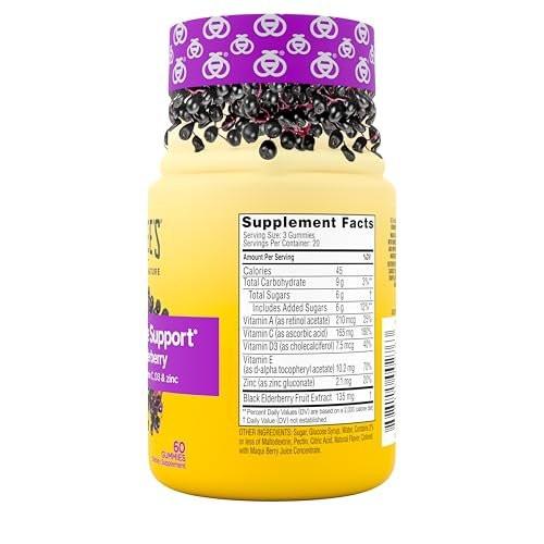 Zarbee's Tägliche Immununterstützung* Gummis mit Holunderbeeren, Vitaminen A, C, D3, E, Zink, Antioxidantien und Flavonoiden, ohne künstliche Süßstoffe oder HFCS, geeignet für 12+ Jahre, 60 Stück
