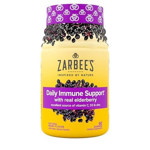 Zarbee's Tägliche Immununterstützung* Gummis mit Holunderbeeren, Vitaminen A, C, D3, E, Zink, Antioxidantien und Flavonoiden, ohne künstliche Süßstoffe oder HFCS, geeignet für 12+ Jahre, 60 Stück