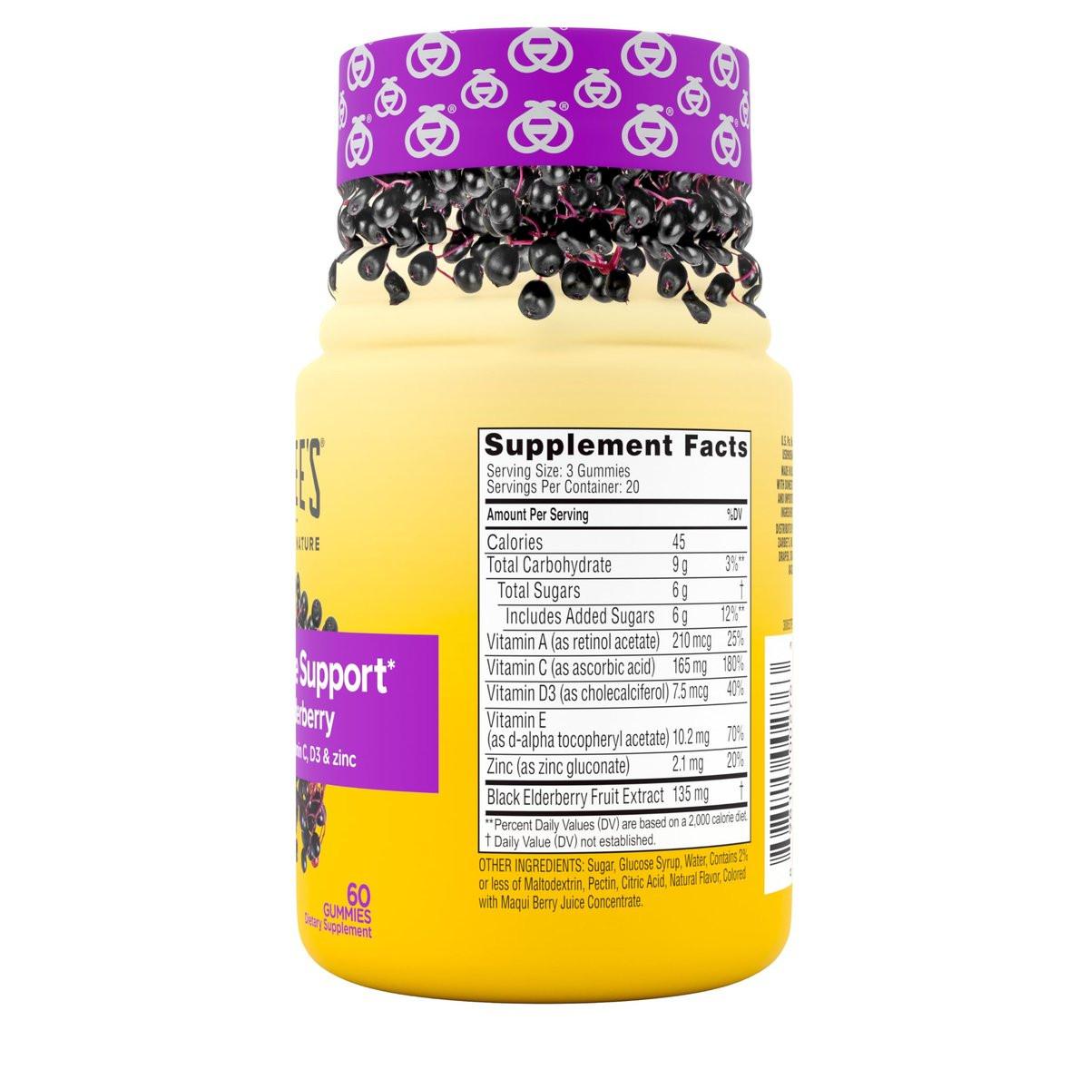 Zarbee's Tägliche Immununterstützung* Gummis mit Holunderbeeren, Vitaminen A, C, D3, E, Zink, Antioxidantien und Flavonoiden, ohne künstliche Süßstoffe oder HFCS, geeignet für 12+ Jahre, 60 Stück