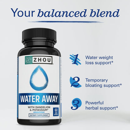 ZHOO Water Away – Natürliche Wasserpillen für Frauen & Männer mit Löwenzahn, Kalium, Cranberry und Grüntee für zelluläre Energie und Stoffwechselgesundheit – 60 vegane Kapseln (1 Packung)