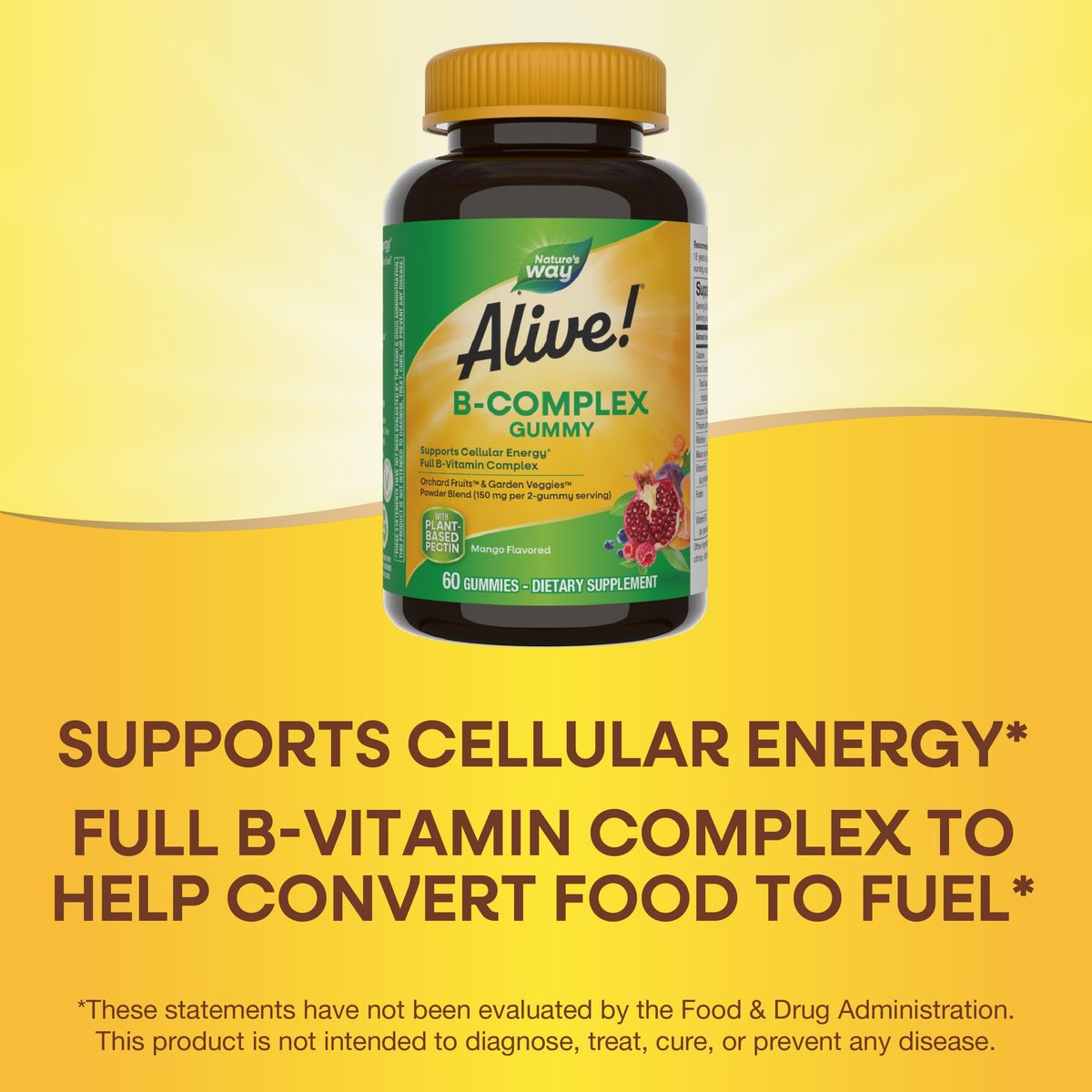 Nature's Way Alive! Vitamin B Complex Gummis - 8 B-Vitamine für zelluläre Energie* - Mango-Geschmack - 60 Stück (Verpackung kann variieren)