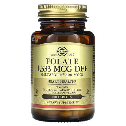 Solgar Folat 1.333 mcg DFE (Metafolin 800 mcg) - 100 Tabletten - Pränatales Vitamin - Non-GMO, Glutenfrei, Milchfrei, Koscher - 100 Portionen