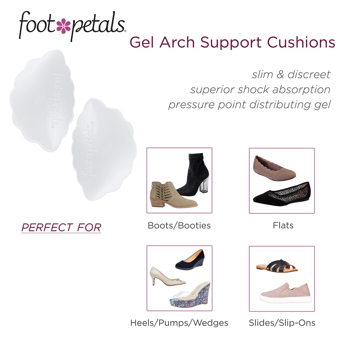 Foot Petals Fußgewölbe-Stützkissen, Arch Comfort – Reduziert Ermüdung, für Damen-Absätze, Pumps, Stiefel, Keile, Flats, Sandalen, Gel