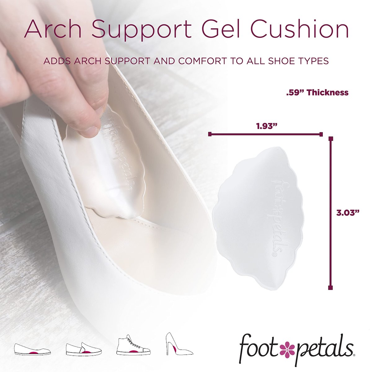 Foot Petals Fußgewölbe-Stützkissen, Arch Comfort – Reduziert Ermüdung, für Damen-Absätze, Pumps, Stiefel, Keile, Flats, Sandalen, Gel