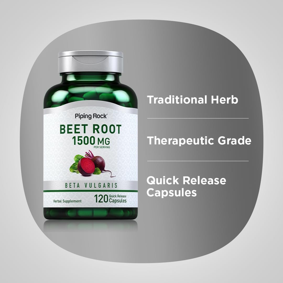 Piping Rock Rote Bete Kapseln | 1500 mg | 120 Kapseln | Pflanzliches Nahrungsergänzungsmittel für Männer und Frauen | Beta Vulgaris | Non-GMO, Glutenfrei