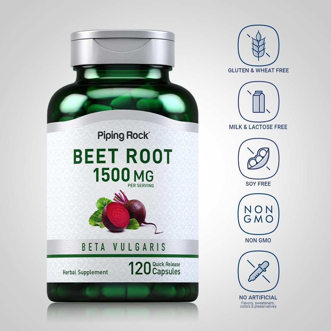 Piping Rock Rote Bete Kapseln | 1500 mg | 120 Kapseln | Pflanzliches Nahrungsergänzungsmittel für Männer und Frauen | Beta Vulgaris | Non-GMO, Glutenfrei