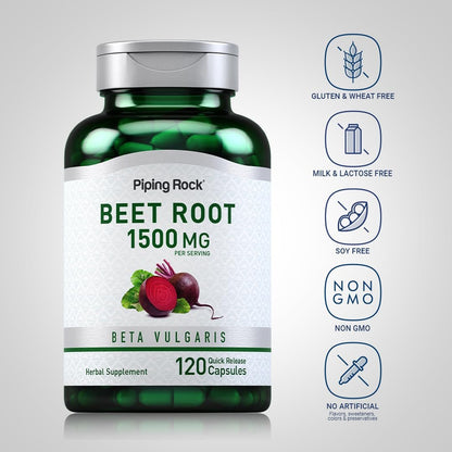 Piping Rock Rote Bete Kapseln | 1500 mg | 120 Kapseln | Pflanzliches Nahrungsergänzungsmittel für Männer und Frauen | Beta Vulgaris | Non-GMO, Glutenfrei