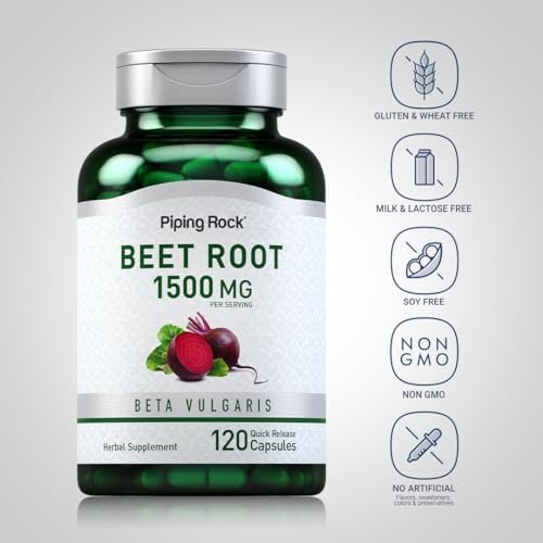 Piping Rock Rote Bete Kapseln | 1500 mg | 120 Kapseln | Pflanzliches Nahrungsergänzungsmittel für Männer und Frauen | Beta Vulgaris | Non-GMO, Glutenfrei