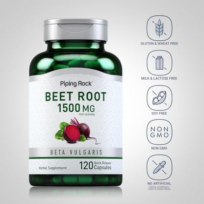 Piping Rock Rote Bete Kapseln | 1500 mg | 120 Kapseln | Pflanzliches Nahrungsergänzungsmittel für Männer und Frauen | Beta Vulgaris | Non-GMO, Glutenfrei