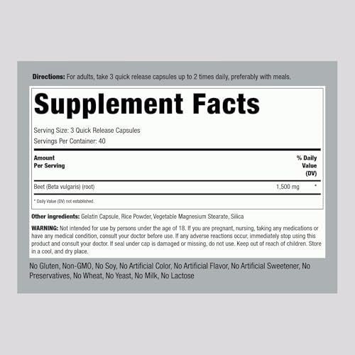 Piping Rock Rote Bete Kapseln | 1500 mg | 120 Kapseln | Pflanzliches Nahrungsergänzungsmittel für Männer und Frauen | Beta Vulgaris | Non-GMO, Glutenfrei