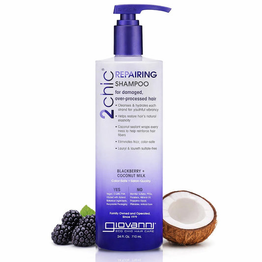 GIOVANNI 2chic Ultra-Repairing Shampoo – Für geschädigtes, überbehandeltes Haar – Stellt die natürliche Elastizität wieder her – Schwarze Johannisbeere & Kokosnussöl, Argan, Sheabutter – Farbsicher – 24 oz