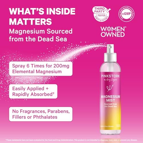 Pink Stork Magnesium Spray Mist – Beruhigendes Magnesiumspray für Entspannung, Schlaf und Schwangerschaft, 200 mg pro 6 Sprühstöße, 118 ml, unparfümiert