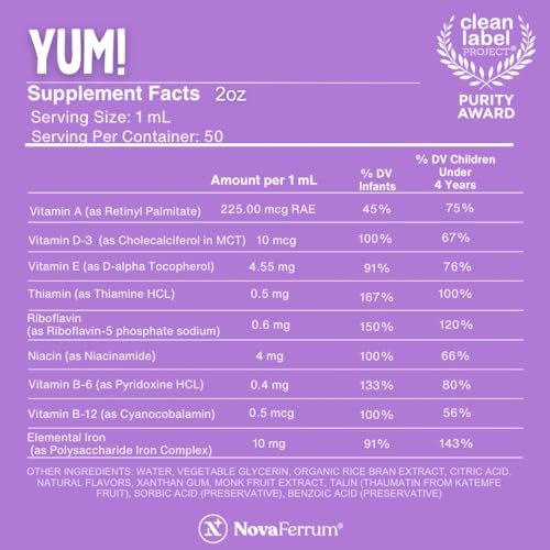 NovaFerrum Yum | Multivitamin mit Eisen für Säuglinge, Kleinkinder & Kinder bis 4 Jahre | Immununterstützung | Zertifiziert glutenfrei | Zuckerfrei | Himbeer-Traube | 50 Portionen