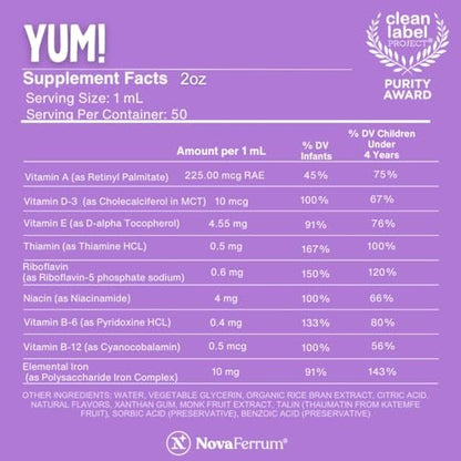 NovaFerrum Yum | Multivitamin mit Eisen für Säuglinge, Kleinkinder & Kinder bis 4 Jahre | Immununterstützung | Zertifiziert glutenfrei | Zuckerfrei | Himbeer-Traube | 50 Portionen