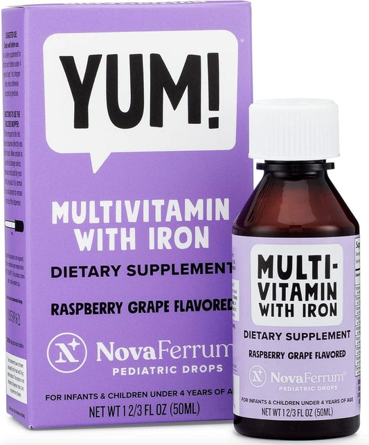 NovaFerrum Yum | Multivitamin mit Eisen für Säuglinge, Kleinkinder & Kinder bis 4 Jahre | Immununterstützung | Zertifiziert glutenfrei | Zuckerfrei | Himbeer-Traube | 50 Portionen
