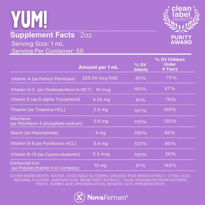 NovaFerrum Yum | Multivitamin mit Eisen für Säuglinge, Kleinkinder & Kinder bis 4 Jahre | Immununterstützung | Zertifiziert glutenfrei | Zuckerfrei | Himbeer-Traube | 50 Portionen