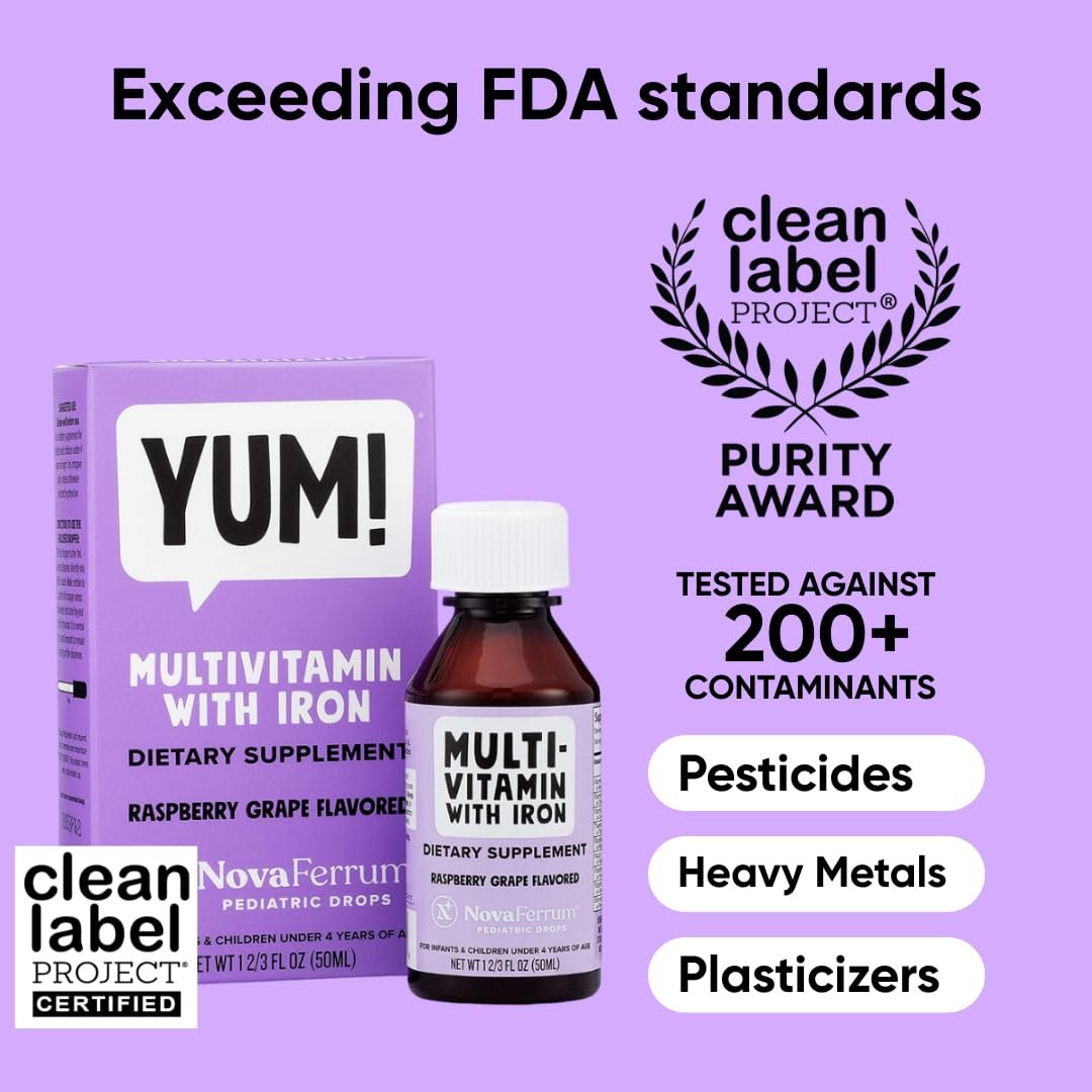 NovaFerrum Yum | Multivitamin mit Eisen für Säuglinge, Kleinkinder & Kinder bis 4 Jahre | Immununterstützung | Zertifiziert glutenfrei | Zuckerfrei | Himbeer-Traube | 50 Portionen