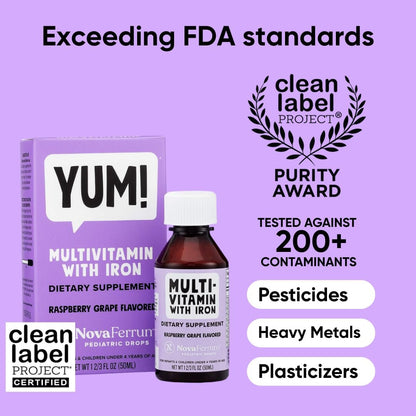 NovaFerrum Yum | Multivitamin mit Eisen für Säuglinge, Kleinkinder & Kinder bis 4 Jahre | Immununterstützung | Zertifiziert glutenfrei | Zuckerfrei | Himbeer-Traube | 50 Portionen