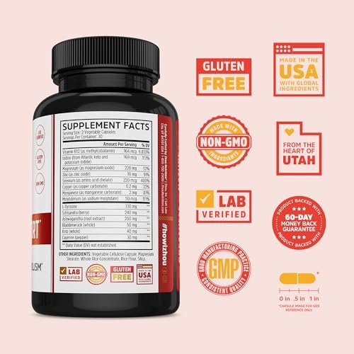 ZHOU Schilddrüsenunterstützung – Nahrungsergänzungsmittel für Frauen und Männer mit Zink, Jod und Selen, zelluläre Energiekomplex mit Ashwagandha und Kelp – 60 vegane Kapseln (1er-Pack)