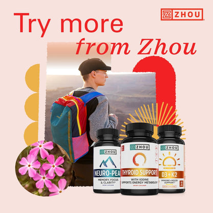 ZHOU Schilddrüsenunterstützung – Nahrungsergänzungsmittel für Frauen und Männer mit Zink, Jod und Selen, zelluläre Energiekomplex mit Ashwagandha und Kelp – 60 vegane Kapseln (1er-Pack)