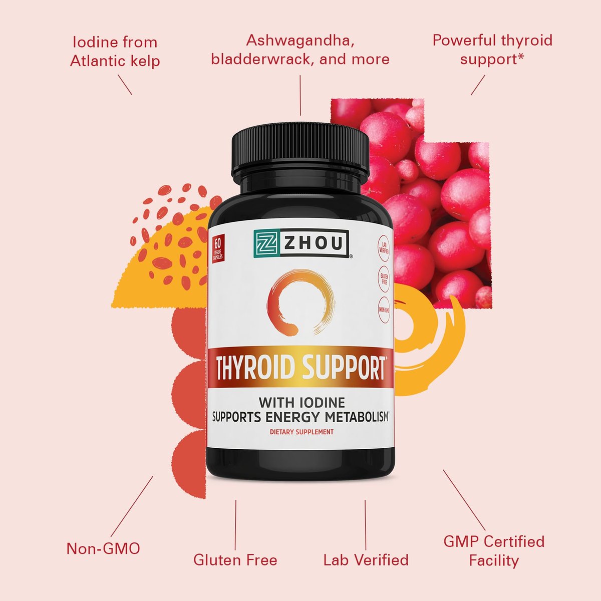 ZHOU Schilddrüsenunterstützung – Nahrungsergänzungsmittel für Frauen und Männer mit Zink, Jod und Selen, zelluläre Energiekomplex mit Ashwagandha und Kelp – 60 vegane Kapseln (1er-Pack)