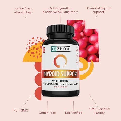 ZHOU Schilddrüsenunterstützung – Nahrungsergänzungsmittel für Frauen und Männer mit Zink, Jod und Selen, zelluläre Energiekomplex mit Ashwagandha und Kelp – 60 vegane Kapseln (1er-Pack)