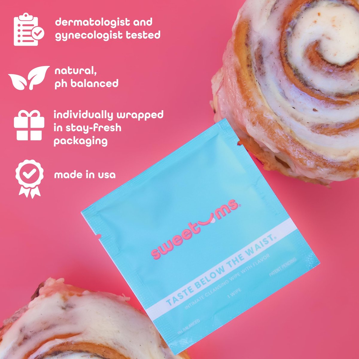 Sweetums Feminine Wipes für Frauen, einzeln verpackt – pH-ausgeglichene, biologisch abbaubare, aromatisierte Intimtücher – Cinnamon Bun, 10er Pack