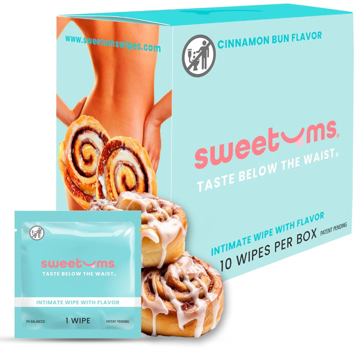 Sweetums Feminine Wipes für Frauen, einzeln verpackt – pH-ausgeglichene, biologisch abbaubare, aromatisierte Intimtücher – Cinnamon Bun, 10er Pack
