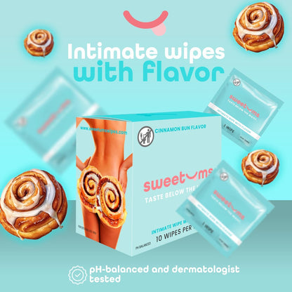 Sweetums Feminine Wipes für Frauen, einzeln verpackt – pH-ausgeglichene, biologisch abbaubare, aromatisierte Intimtücher – Cinnamon Bun, 10er Pack