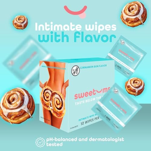 Sweetums Feminine Wipes für Frauen, einzeln verpackt – pH-ausgeglichene, biologisch abbaubare, aromatisierte Intimtücher – Cinnamon Bun, 10er Pack