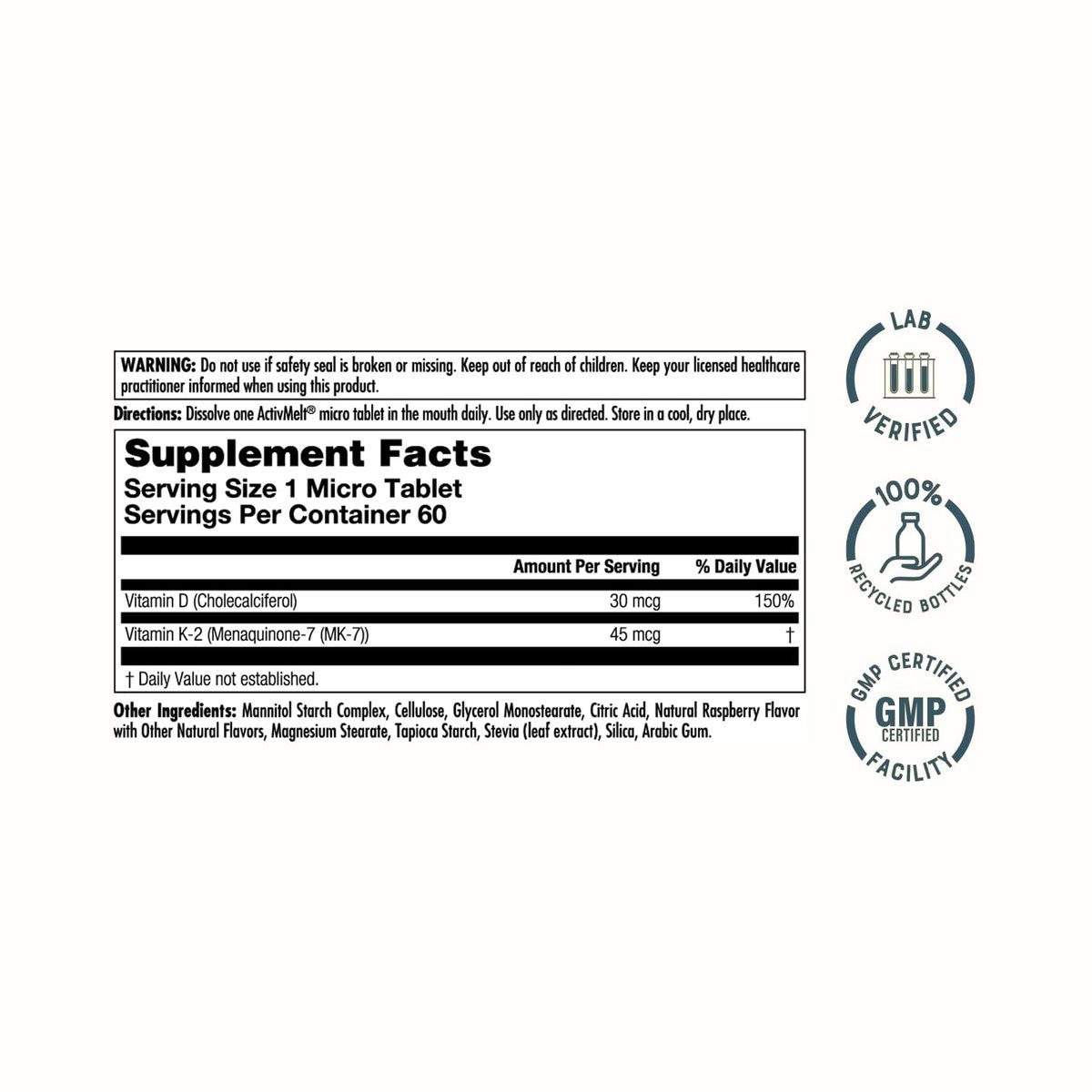 KAL Vitamin D3 K2 ActivMelt – Immun-Unterstützung mit Vitamin D als D3 und MK7 Vitamin K2 für starke Knochen – Schmelztabletten, natürlicher Himbeergeschmack, 60-Tage-Garantie, 60 Portionen