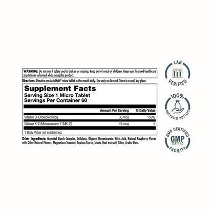 KAL Vitamin D3 K2 ActivMelt – Immun-Unterstützung mit Vitamin D als D3 und MK7 Vitamin K2 für starke Knochen – Schmelztabletten, natürlicher Himbeergeschmack, 60-Tage-Garantie, 60 Portionen