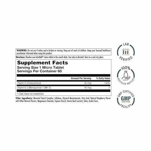 KAL Vitamin D3 K2 ActivMelt – Immun-Unterstützung mit Vitamin D als D3 und MK7 Vitamin K2 für starke Knochen – Schmelztabletten, natürlicher Himbeergeschmack, 60-Tage-Garantie, 60 Portionen