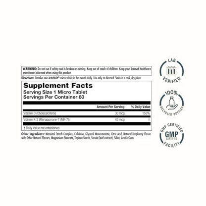 KAL Vitamin D3 K2 ActivMelt – Immun-Unterstützung mit Vitamin D als D3 und MK7 Vitamin K2 für starke Knochen – Schmelztabletten, natürlicher Himbeergeschmack, 60-Tage-Garantie, 60 Portionen