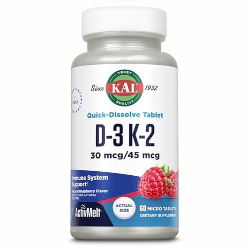 KAL Vitamin D3 K2 ActivMelt – Immun-Unterstützung mit Vitamin D als D3 und MK7 Vitamin K2 für starke Knochen – Schmelztabletten, natürlicher Himbeergeschmack, 60-Tage-Garantie, 60 Portionen